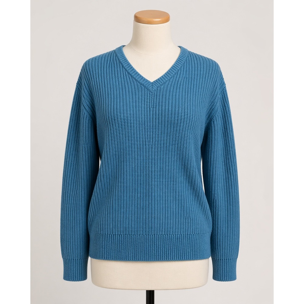 Belle by Kim Gravel Teal Blue Shaker Knit V-Neck Sweater Womens Medium Ribbed
